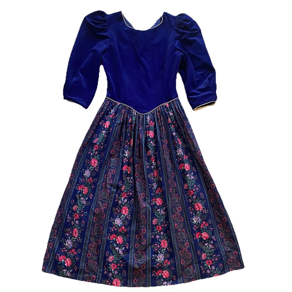 Vintage 80s Picture Me Dress Prairie Renaissance Revival Velvet Navy Blue Basque
